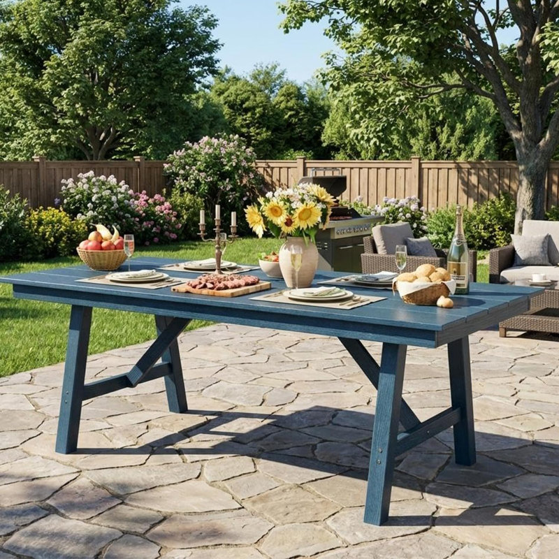 Outdoor Dining Table for 4-6, HDPE All-Weather Rectangular Patio Table with Umbrella Hole & Triangular Legs, 66.9" Long Waterproof Garden Dining Table for Backyard, Deck, Navy Blue