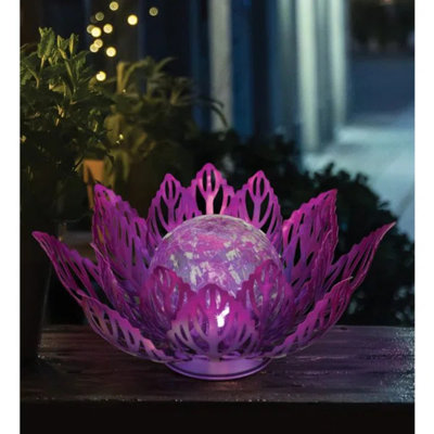 Metal and Glass Floral Solar Garden Decor with Crackle Glass Globe and Automatic Illumination for Outdoor Walkways and Patios