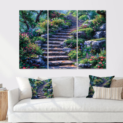 «Country Side Stairs With Blossoming Flowers», ensemble d'art mural champ de fleurs