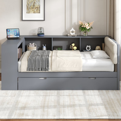 Wood Twin Platform Bed with Trundle, Storage Shelves & Charging Station — Upholstered Headboard, Gray by Hokku Designs