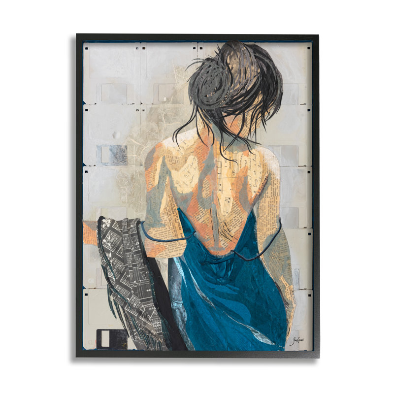 «Girl with Music Notes Collage» encadré sur bois par Stacy Gresell, impression, Giclée encadrée noir minuit