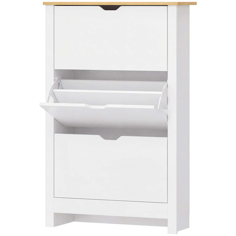 18 Pair Flip Down Shoe Storage, White/Natural Wood