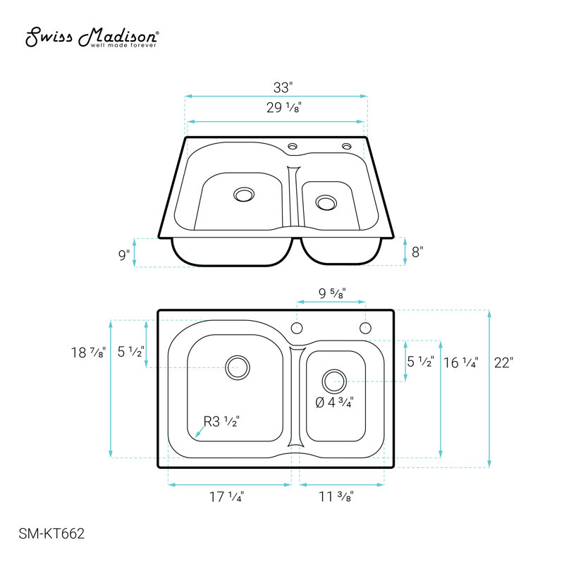 Évier de cuisine à double cuve en acier inoxydable Ouvert 33 x 22 Ouvert, Nombre de trous de robinet 2