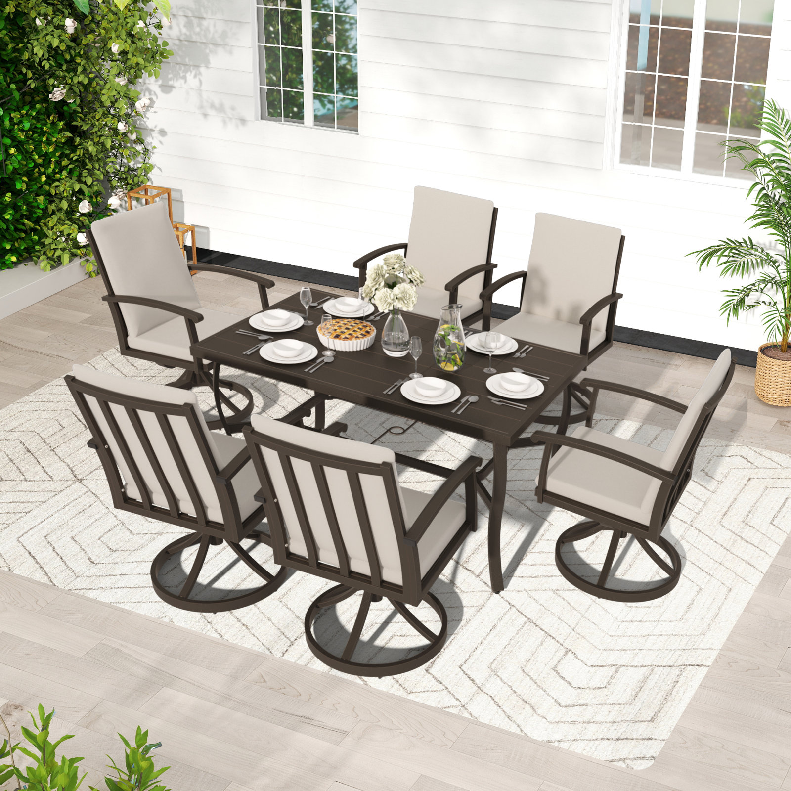 Whittlesey Rectangular Aluminum Dining Set with Cushions, 6, Dark Brown