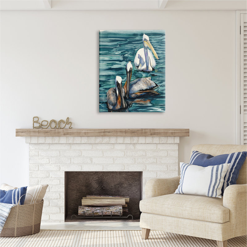 «Pelicans at Sea», peinture sur toile par Liz Sunridge, H 40 po x l 30 po x P 1,5 po