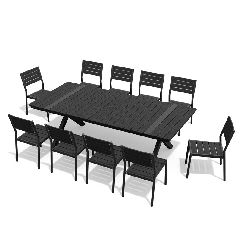 Ensemble repas pour 10 personnes rectangulaire avec trou pour parasol, structure en aluminium et chaises sans accoudoirs