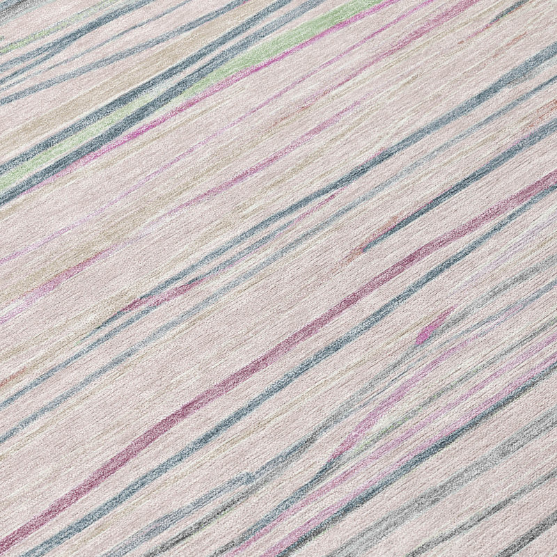 Pink and Gray Striped Synthetic Washable Rug 3' x 5'