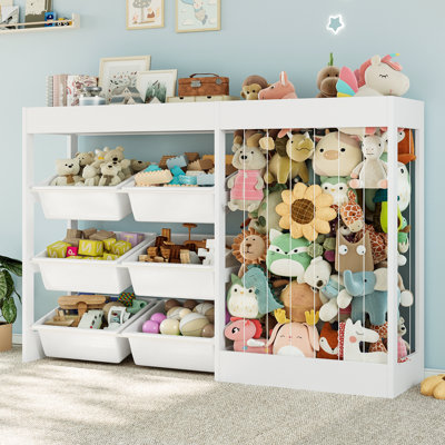 50.6"W Toy Storage with 6 Plastic Bins, 3-in-1 Large Toy Organizer, Stuffed Animal Storage, Wooden Toddler Cabinet for Kids Room, Playroom, Nursery(White)