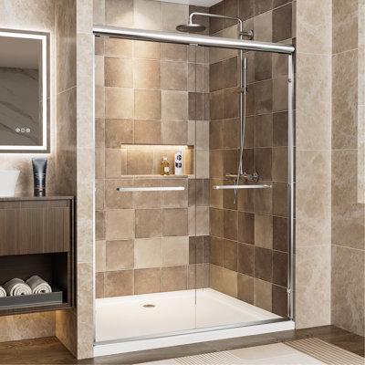 50"-54"W x 72"H Chrome Aluminum Frame Double Sliding Shower Door, 1/4" (6mm) Clear Tempered Glass With Explosion-proof Film, Dual Stainless Steel Handles