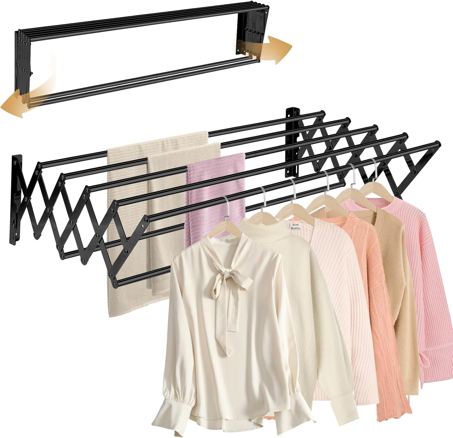 Rebrilliant 31.5'' Wall Mounted Clothes Drying Rack 130 lbs Large Capacity Rustproof Retractable Collapsible Drying Rack Easy Install with 7 Drying Rods Space Saving Towel Clothes Rack for Laundry-Black | Wayfair