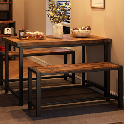 Dining Table Set For 4, Kitchen Table With Benches, Rectangular Dining Room Table Set With 2 Metal Wood Benches, 3 Piece Dining Table Set For Small Sp by 17 Stories