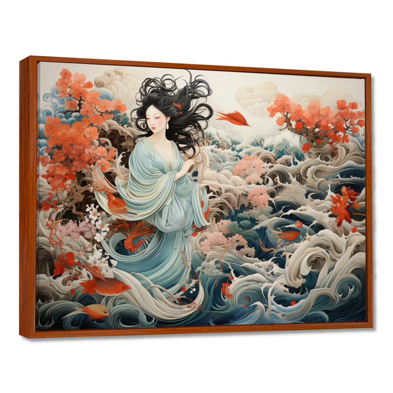 «China Art Silk Emb broderie», reproduction d'art sur toile encadrée, 12" H x 20" W, Cadre flottant brun