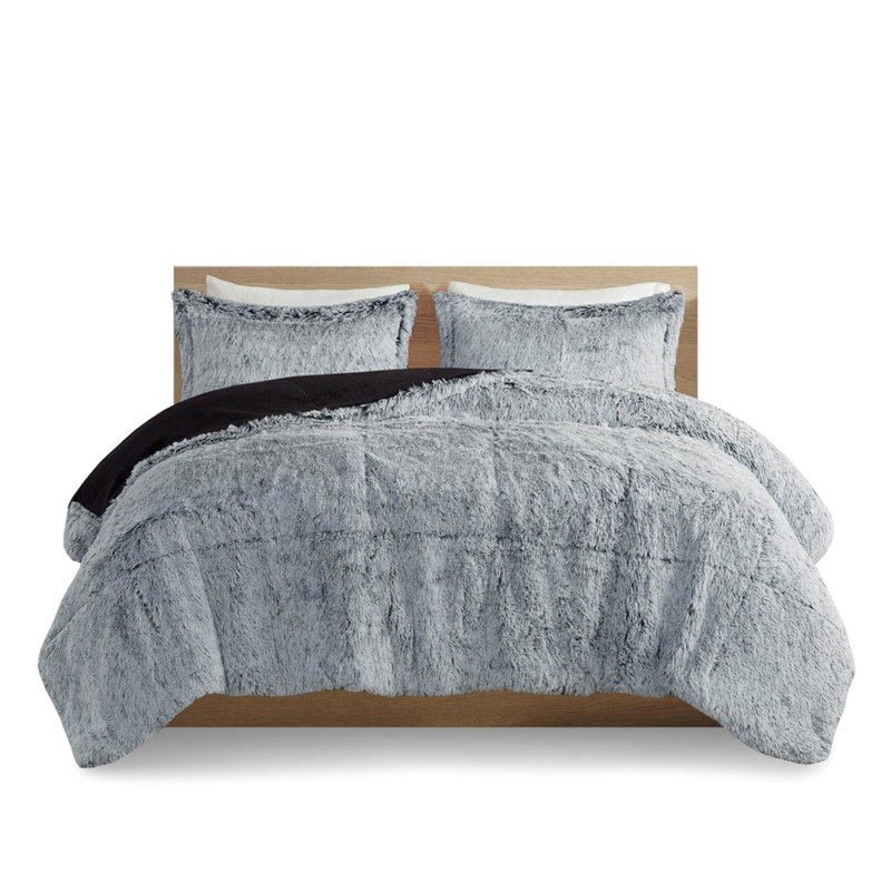 Édredon en fourrure poilue simple / simple TG en gris, envers doux, comprend 2 taies décoratives, lavable en cycle délicat avec une longue texture douce, 1 taie décorative, laver à la machine, sécher à la machine