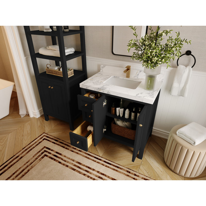 Nashville X P 22 po Meuble-lavabo central D, Noir / or brossé, Quartz Palissandro
