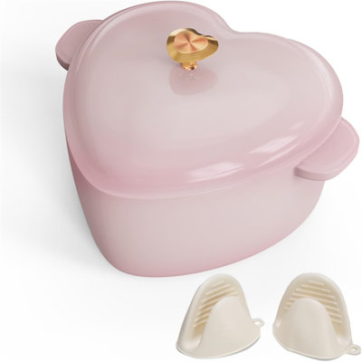 Cocotte en fonte émaillée 4QT en forme de cœur rose avec couvercle