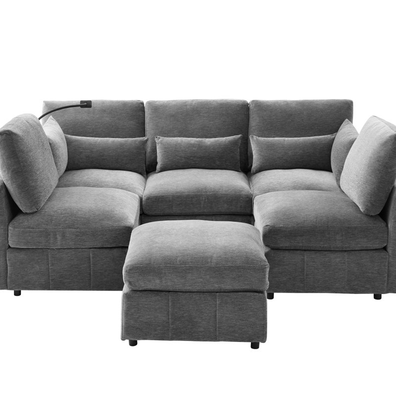 Multi-Functional 85.4" Sectional With Movable , Built-In Charging, Phone Holder, And Three Ergonomic Lumbar Pillows, Soft Chenille Fabric L-Shaped For Living Room Two Ports, Upholstery, Grey