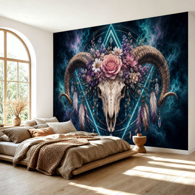 Wall Mural Peel and Stick Wallpaper Boho Chic Ethnic Native American Bull Skull Boho flowers horns Trendy Self-Adhesive Removable Contact Paper Wall Decor for Living Room Bedroom 69"H x 96"W