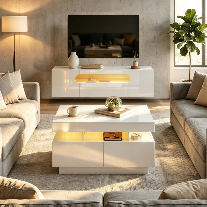 Modern Living Room Set, High-Gloss Floating LED TV Stand & Rectangular Coffee Table Combo, White