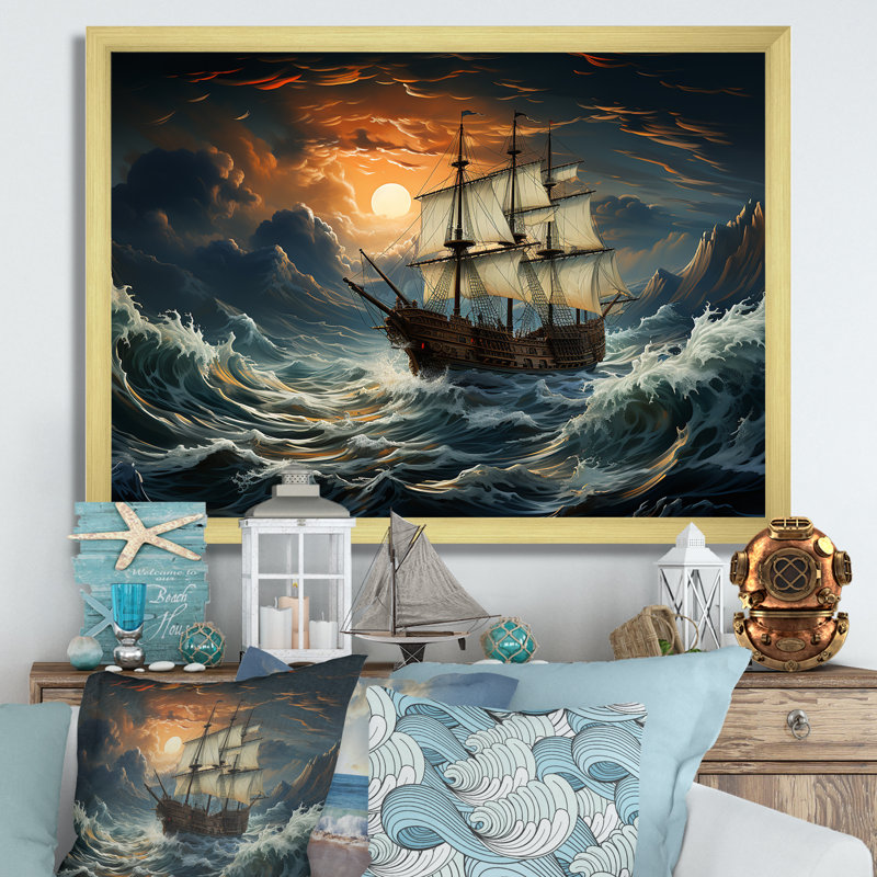 «Pirate Ship Legacy II», art mural pirate, Cadre doré à coins fermés, H 24 po x l 32 po x P 1 po