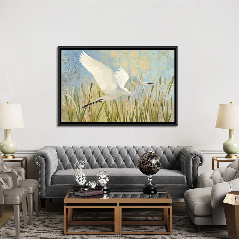 «Snowy Egret in Flight», impression sur toile, H 18 po x l 26 po x P 1,5 po, Toile avec cadre noir, Pas de tapis