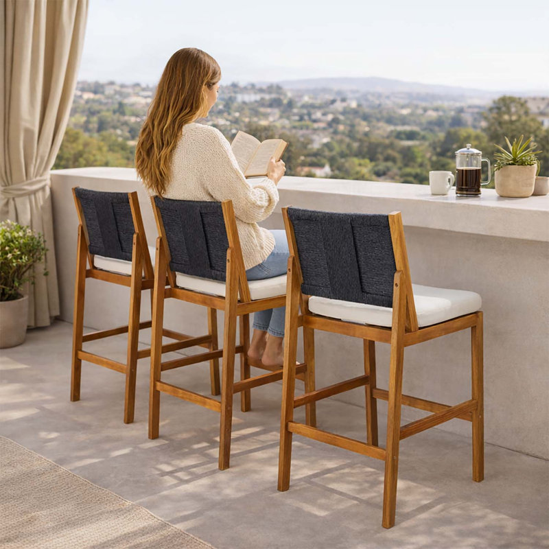 Tabouret de bar d'extérieur noir 4 pièces en bois d'acacia massif et osier tissé Arly, durable et élégant pour le patio et le balcon