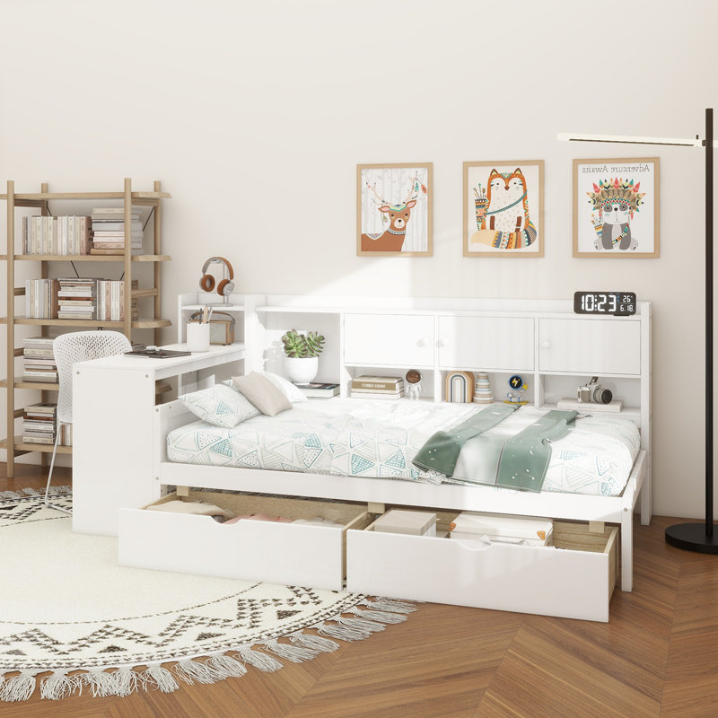 Wooden L-Shape Daybed With Seven Storage Cabinets And Two Storage Drawers, Multi-Functional Bed With Study Desk And Built-In Bookshelf