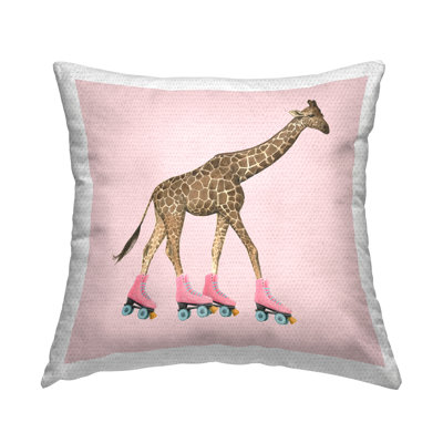 Funny Giraffe Wearing Roller Skates Over Pink Outdoor Printed Pillow by Grace Popp