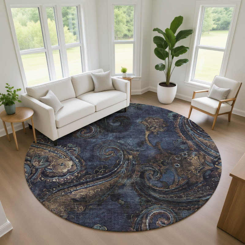 Machine Washable Indoor/Outdoor Chantille ACN2748 Paisley Rug, Navy, 8' Round