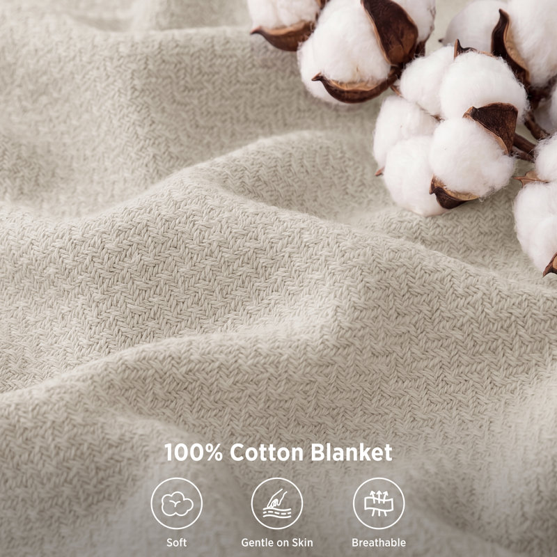 Bedsure 100% Cotton Blanket Soft Cozy Textured Herringbone Woven Blanket for All Seasons, Queen, Linen Beige