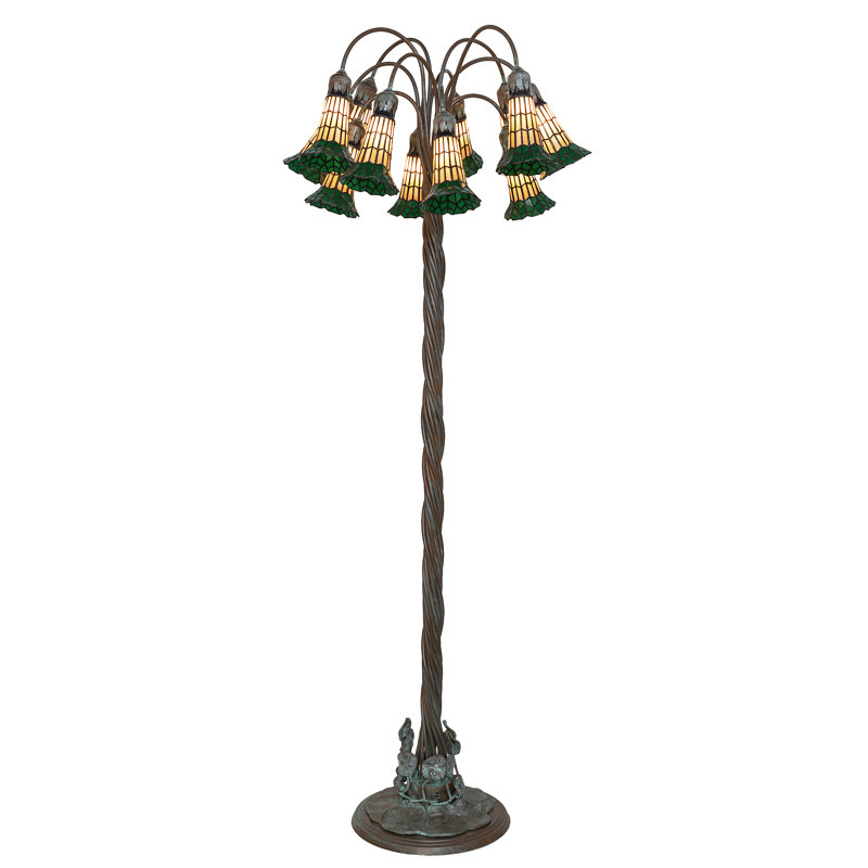 61" High Stained Glass Pond Lily 12 Light Floor Lamp, Green/Amber
