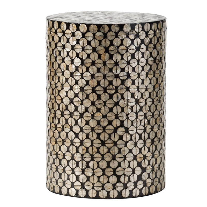 Tabouret à coquillages noir / doré, table d'appoint moderne avec motifs naturels, tabouret décoratif de style bohémien noir et or, pour des thèmes contemporains, 14 po x 14 po x 20 po