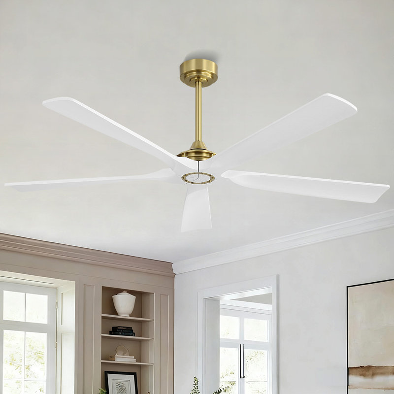  60inch 5 Solid Wood Blades Ceiling Fan Noiseless DC Motor 6 Speed Timer With Remote, White and Gold, Gold, White