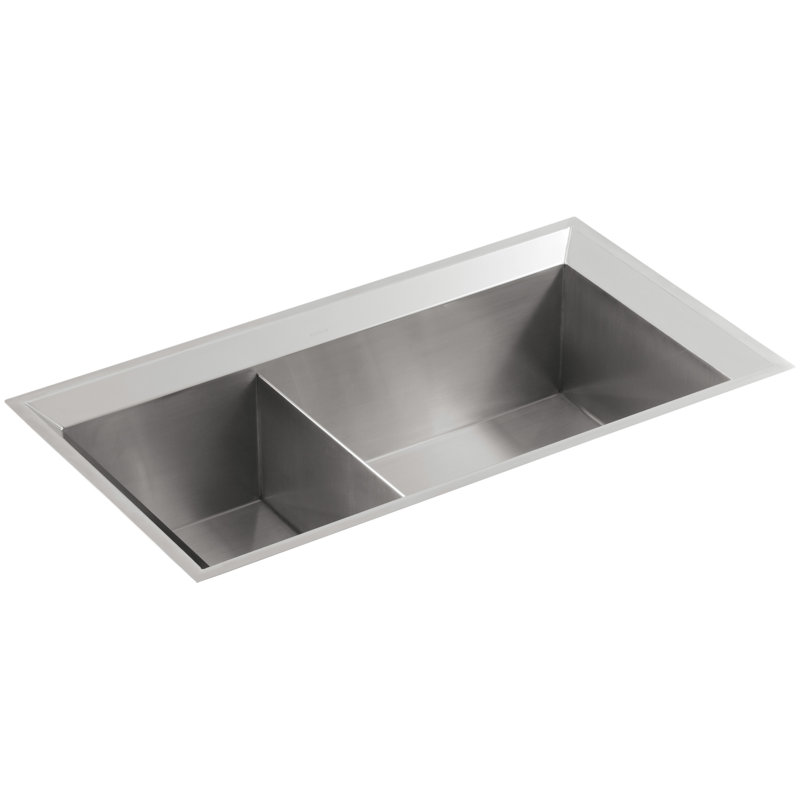 Poise 33" L x 18" W x 9.5" Under-Mount Bowl Kitchen Sink, Mirrored Rim, Large And Medium Basins