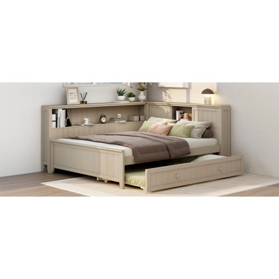 Full Size Wood Daybed With Trundle And Shelves In Antique White Milk - Build, Storage Shelves, Style Pine Wood+, Aesthetic, No Box Spring Required