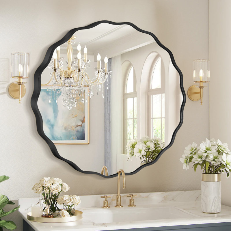 Scalloped Round Metal Wall Mirror, 31.5" x 31.5", Black