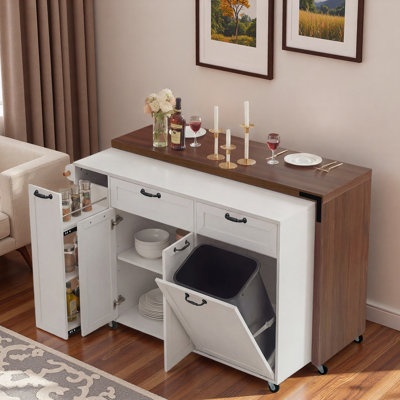 Mobile Kitchen Island With Extendable Dining Table, Trash Storage Cabinet, 3-tier Pull-out Spice Rack And Whee