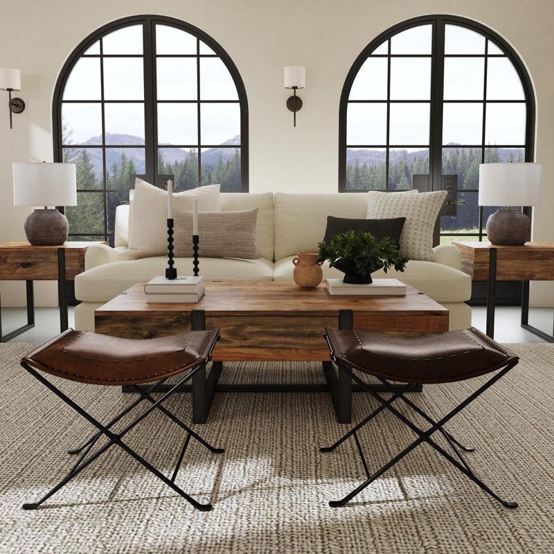Sanford Iron Accent Stool, Dark Brown Genuine Leather
