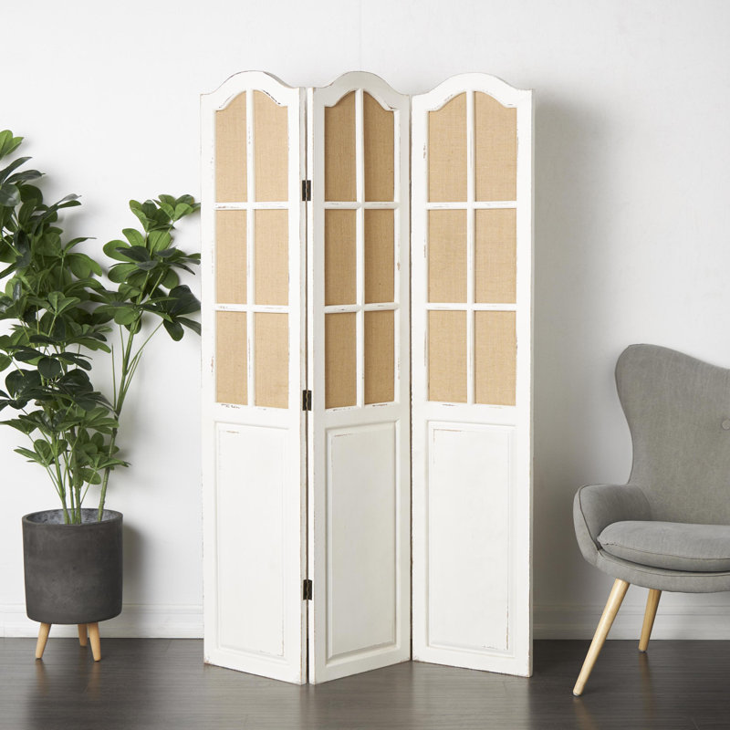 Bigham Beige Wood Hinged Foldable Partition 3 Panel Room Divider Screen w/ Burlap Window Pane Design