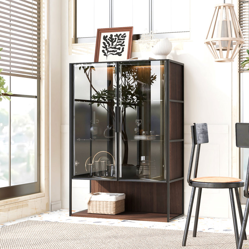 51.2'' Freestanding Lighted Display Cabinet, Glass Door Pantry Cabinet, Curio Cabinet With 4-Tier Adjustable Glass Shelves And Metal Frame, For Livingroom, Kitchen & Office - Brown