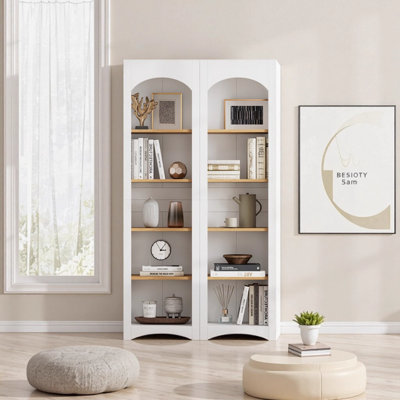 Ensemble de bibliothèque 2 pièces H 72 po avec tablettes réglables, armoires de rangement autoportantes blanches et en bois pour le salon, le bureau personnel et le garde-manger