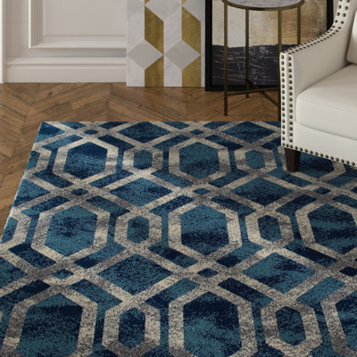 Bleu géométrique/Tapis décoratif argenté Delanie