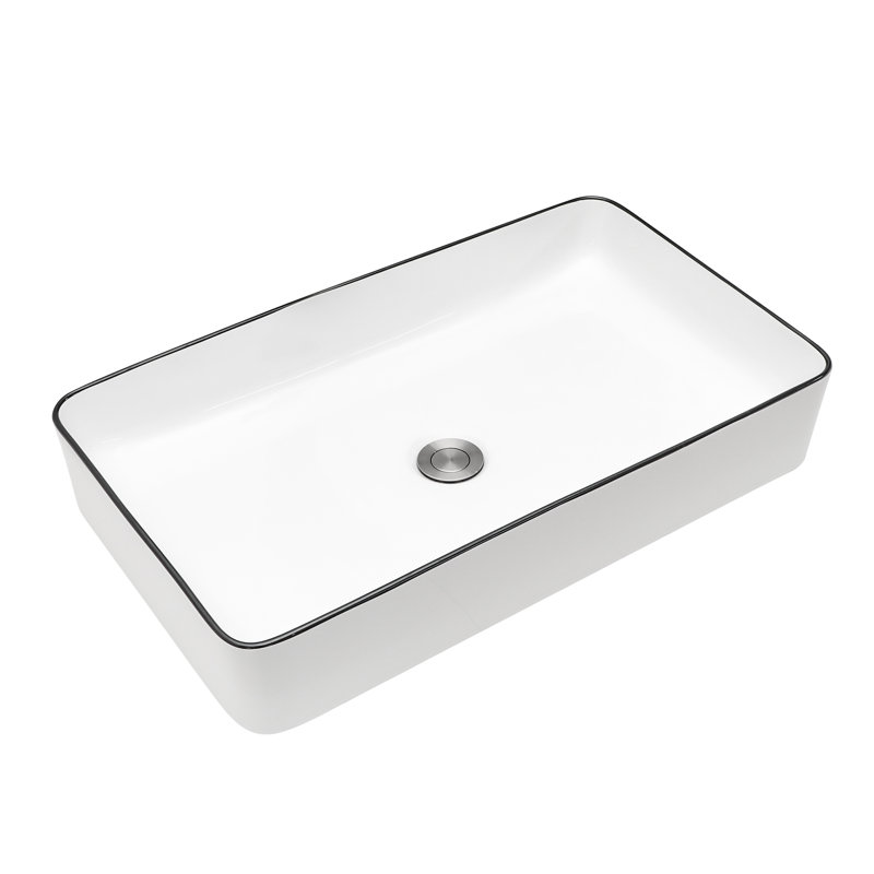24" White Ceramic Rectangular Vessel Sink with Black Rim