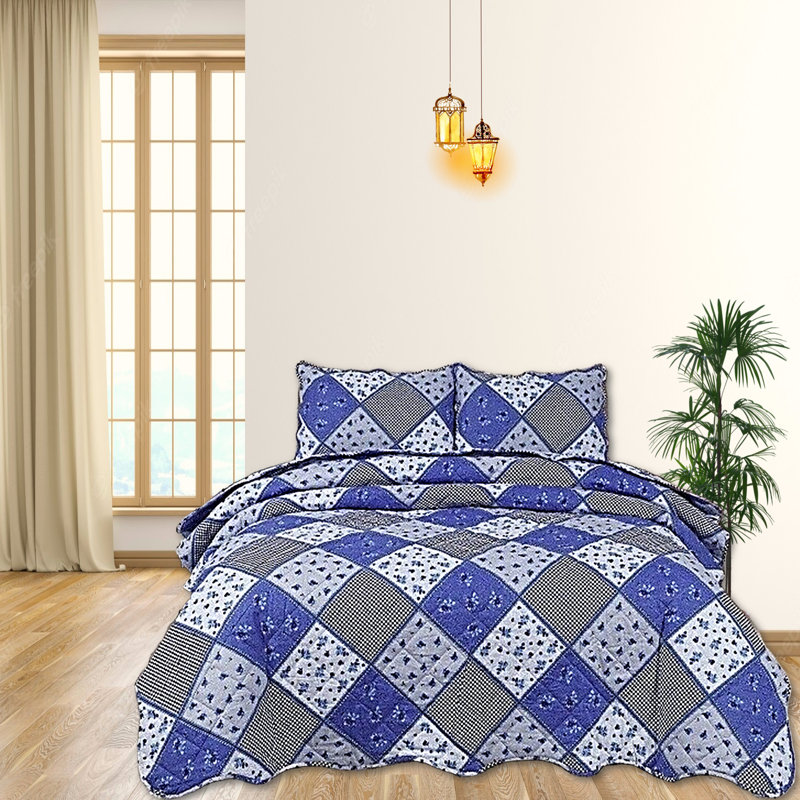 Cotton Blend Floral Bedspread with Pillowcases, King