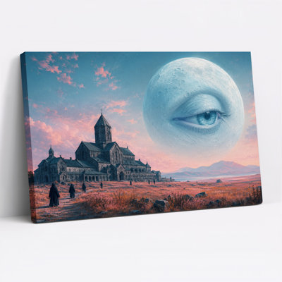 Lune surréaliste avec un œil au-dessus d'une cathédrale de pierre et d'une toile murale d'Halloween
