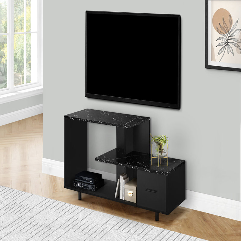 Meuble télé d'inspiration Art déco moderne avec tiroir de rangement, plateau en faux marbre et tablettes spacieuses pour le salon ou la chambre à coucher