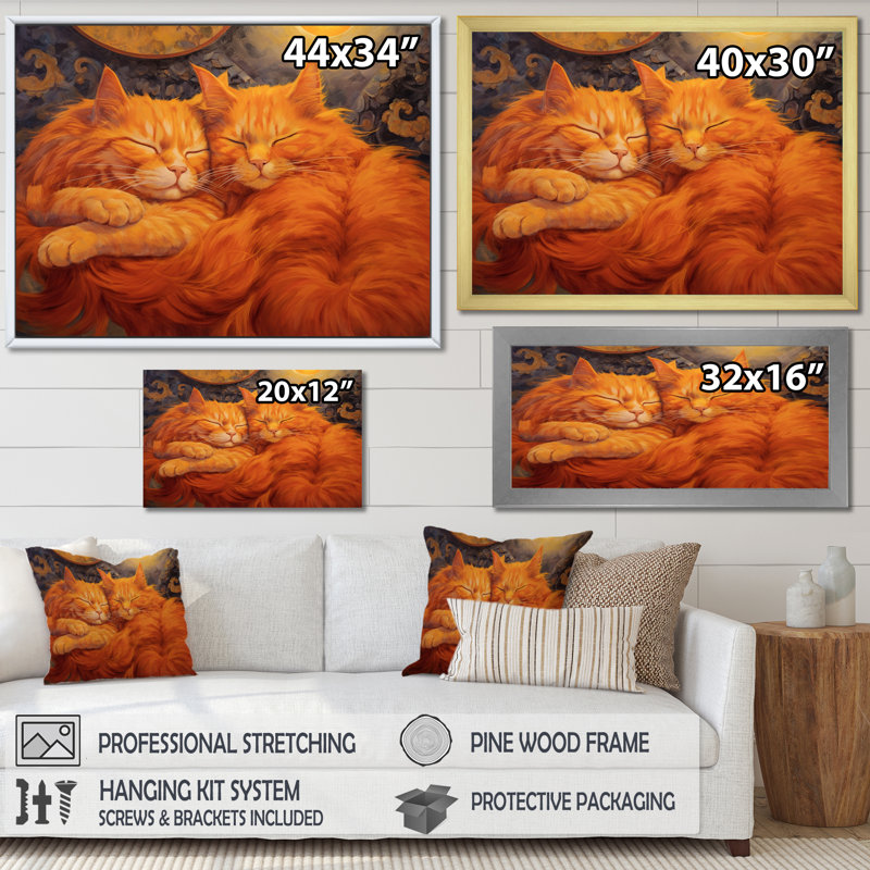 Moelleux chats orange dormant ensemble sur toile, Cadre flottant noir, H 30 po x l 40 po x P 1,5 po