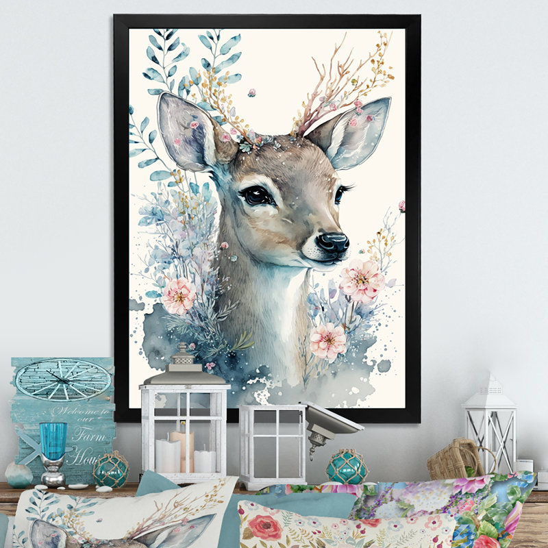 Mignon petit cerf avec fleurs roses - reproduction sur toile, L 24 po x H 32 po, Cadre noir