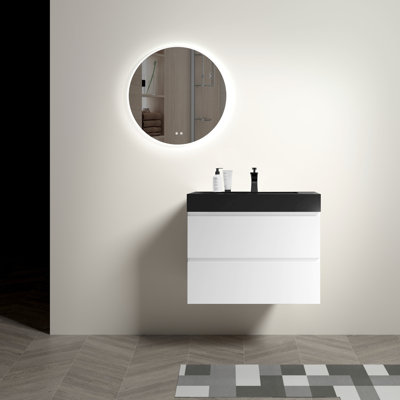Meuble-lavabo moderne de 76 cm (30 po) - Blanc avec lavabo noir, silencieux, grand espace de rangement, fonctionnement silencieux pour plus de tranquillité