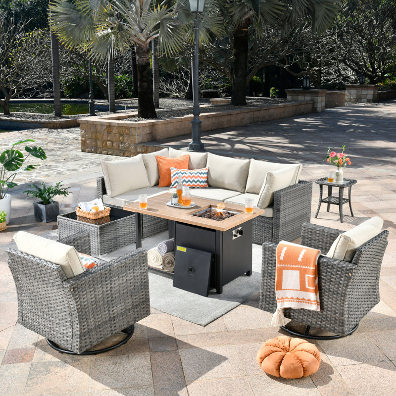 Ensemble modulaire de conversation pour patio 8 pièces avec coussins et table de foyer 8 pièces, Beige