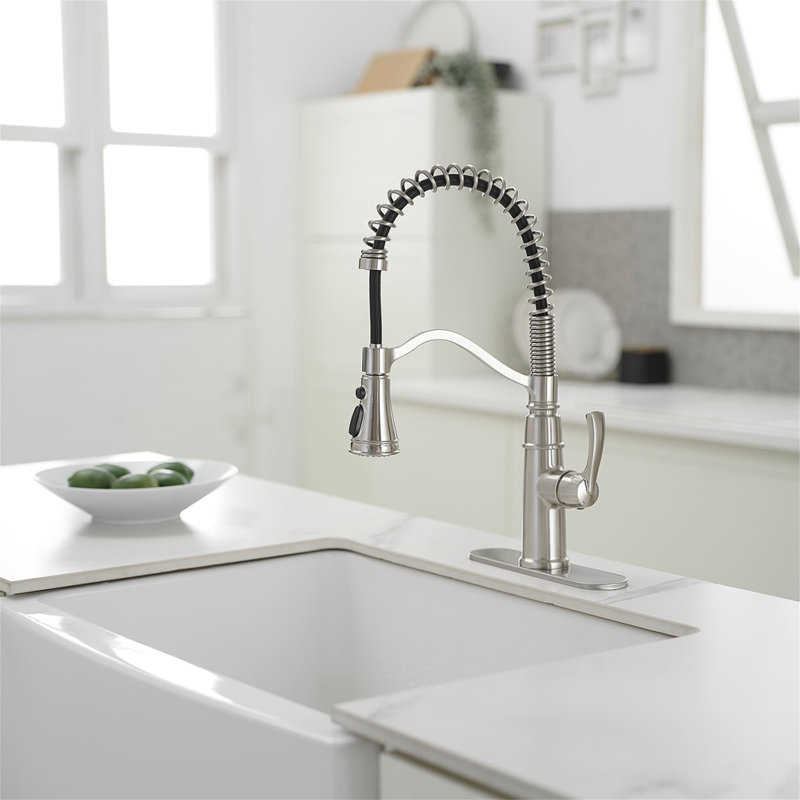 Robinet de cuisine à un trou avec douchette extractible et robinets d'évier de cuisine à poignée simple, Nickel brossé